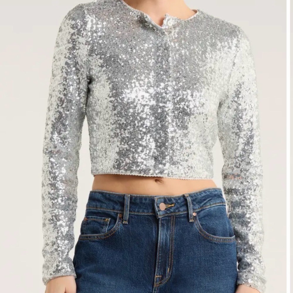 Good American Shimmering Silver Sequin Crop Top